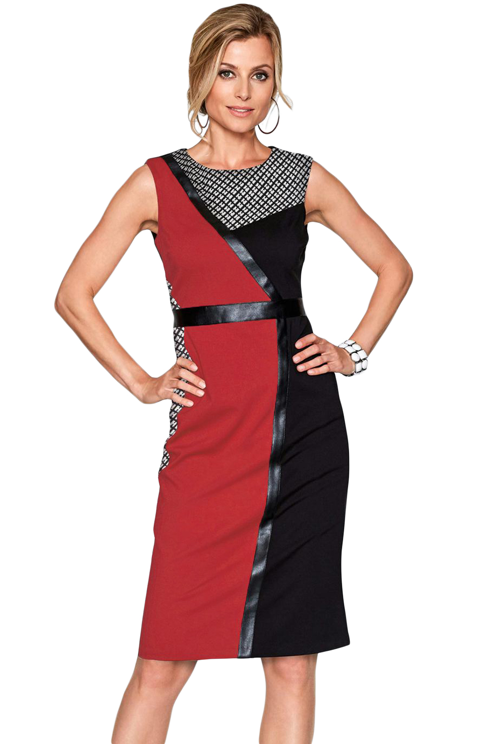 BY220550-2 Red Black Asymmetric Patchwork Leather Trim Sheath Dress